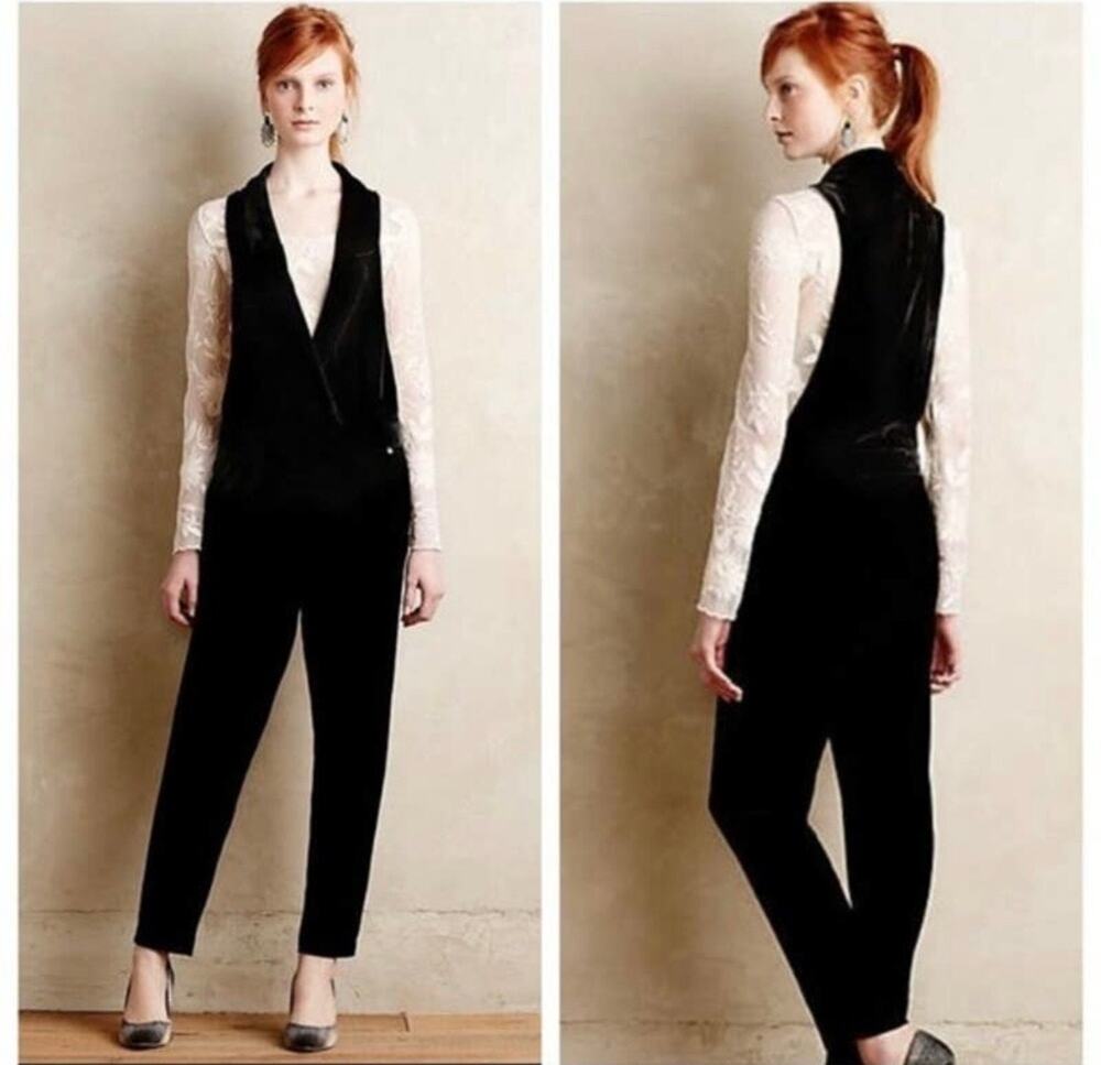 Harlyn tuxedo black velvet silk v-neck jumpsuit size small